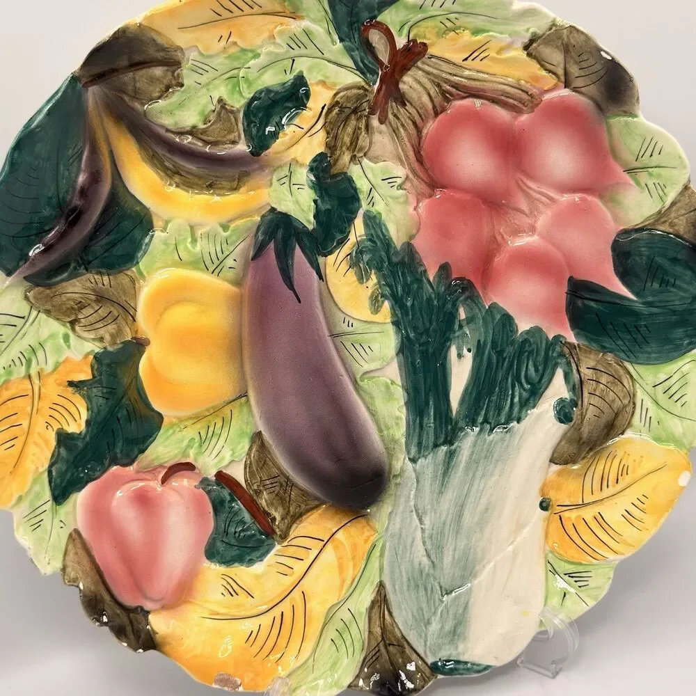 Vintage Italy Majolica Vegetable Wall Platter 13” Eggplant Radish Celery Relief